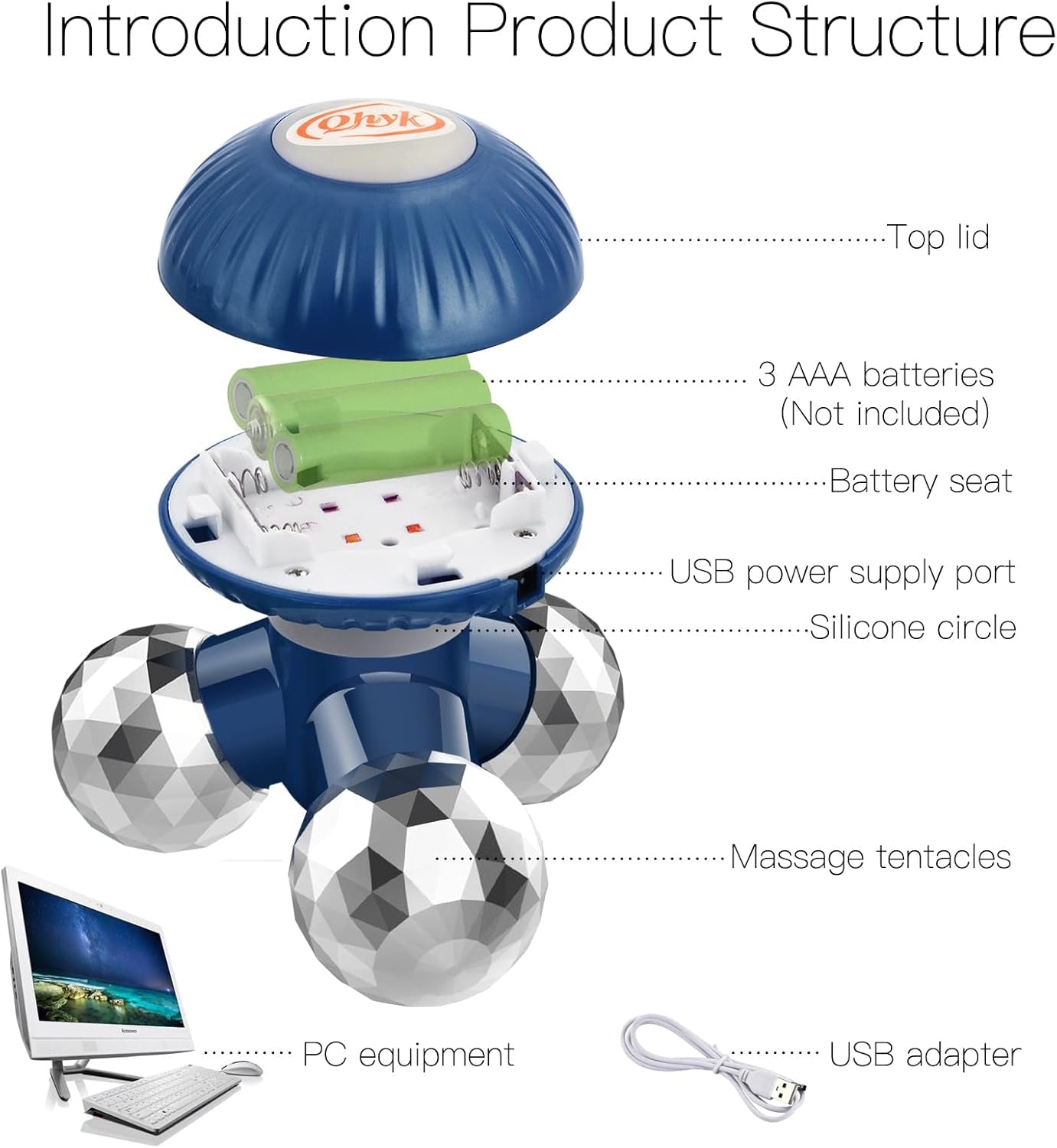 Handheld Vibrate Massager, 3 Cabezas De Masaje Tocar El Cuerpo, Batería O USB Power Proporcionar Electricidad, Aliviar Cuerpo O Tensión Muscular, Full Body Massager Portátil, Azul