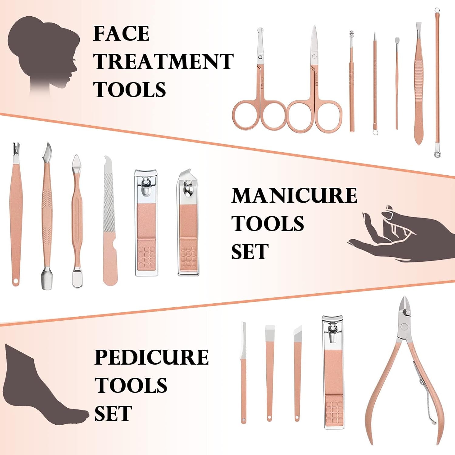Set Manicura Pedicura 18 Piezas, Cuidado De Uñas Mujer Hombre, Kit De Cortaúñas Profesional De Acero Inoxidable, Estuche De Uñas (Oro Rosa)