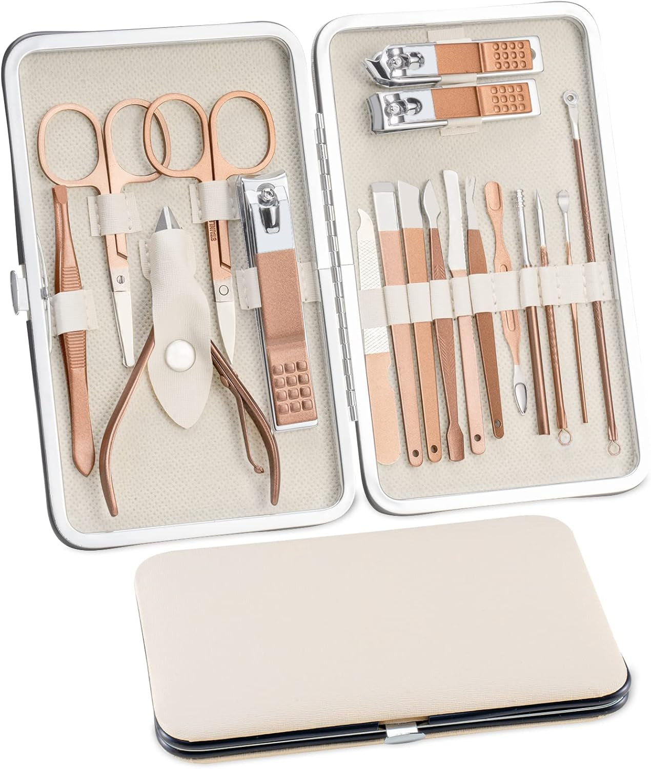 Set Manicura Pedicura 18 Piezas, Cuidado De Uñas Mujer Hombre, Kit De Cortaúñas Profesional De Acero Inoxidable, Estuche De Uñas (Oro Rosa)