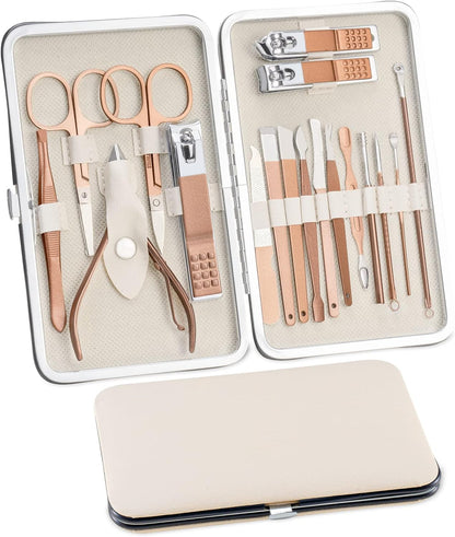 Set Manicura Pedicura 18 Piezas, Cuidado De Uñas Mujer Hombre, Kit De Cortaúñas Profesional De Acero Inoxidable, Estuche De Uñas (Oro Rosa)
