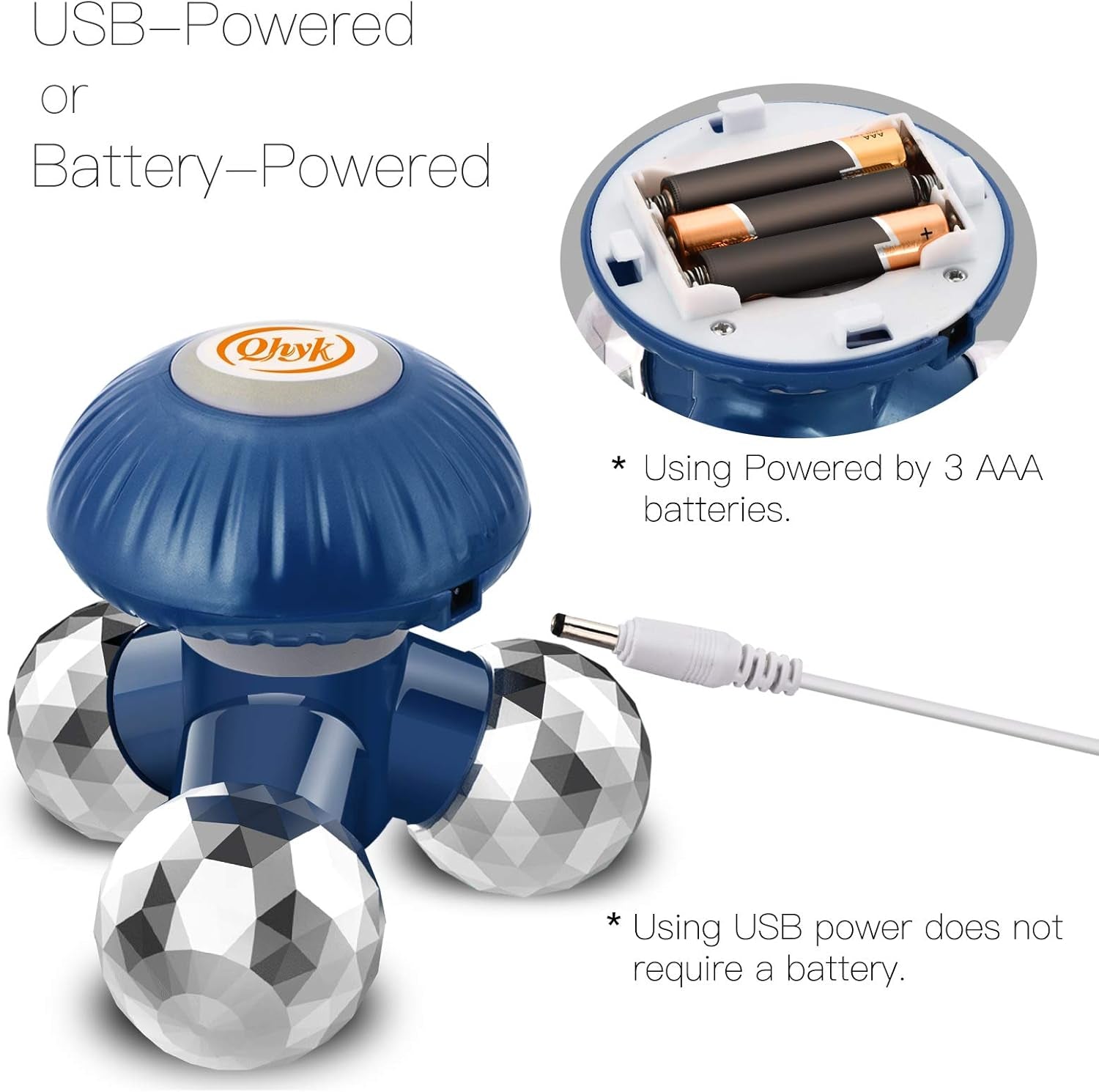 Handheld Vibrate Massager, 3 Cabezas De Masaje Tocar El Cuerpo, Batería O USB Power Proporcionar Electricidad, Aliviar Cuerpo O Tensión Muscular, Full Body Massager Portátil, Azul